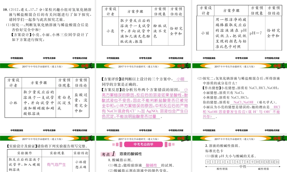 （遵义专版）中考化学命题研究 第一编 教材知识梳理篇 第7章 应用广泛的酸、碱、盐 课时1 溶液的酸碱性 常见的酸和碱（精讲）课件-人教版初中九年级全册化学课件