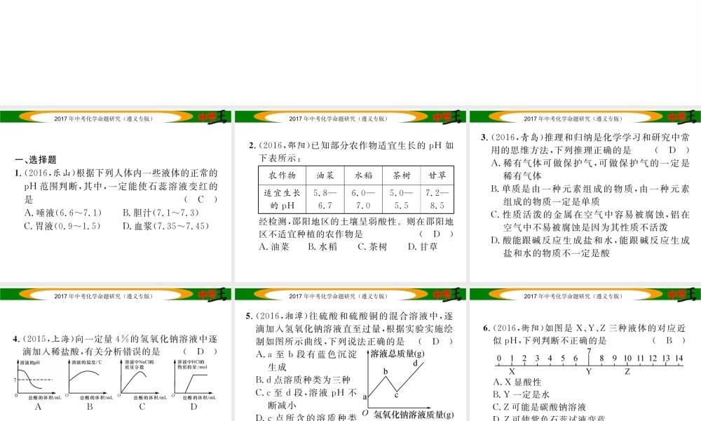 （遵义专版）中考化学命题研究 第一编 教材知识梳理篇 第7章 应用广泛的酸、碱、盐 课时1 溶液的酸碱性 常见的酸和碱（精练）课件-人教版初中九年级全册化学课件