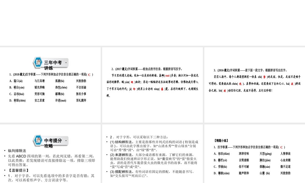 （遵义专版）中考语文 第2部分 积累与运用 专题1 汉字积累复习课件-人教版初中九年级全册语文课件