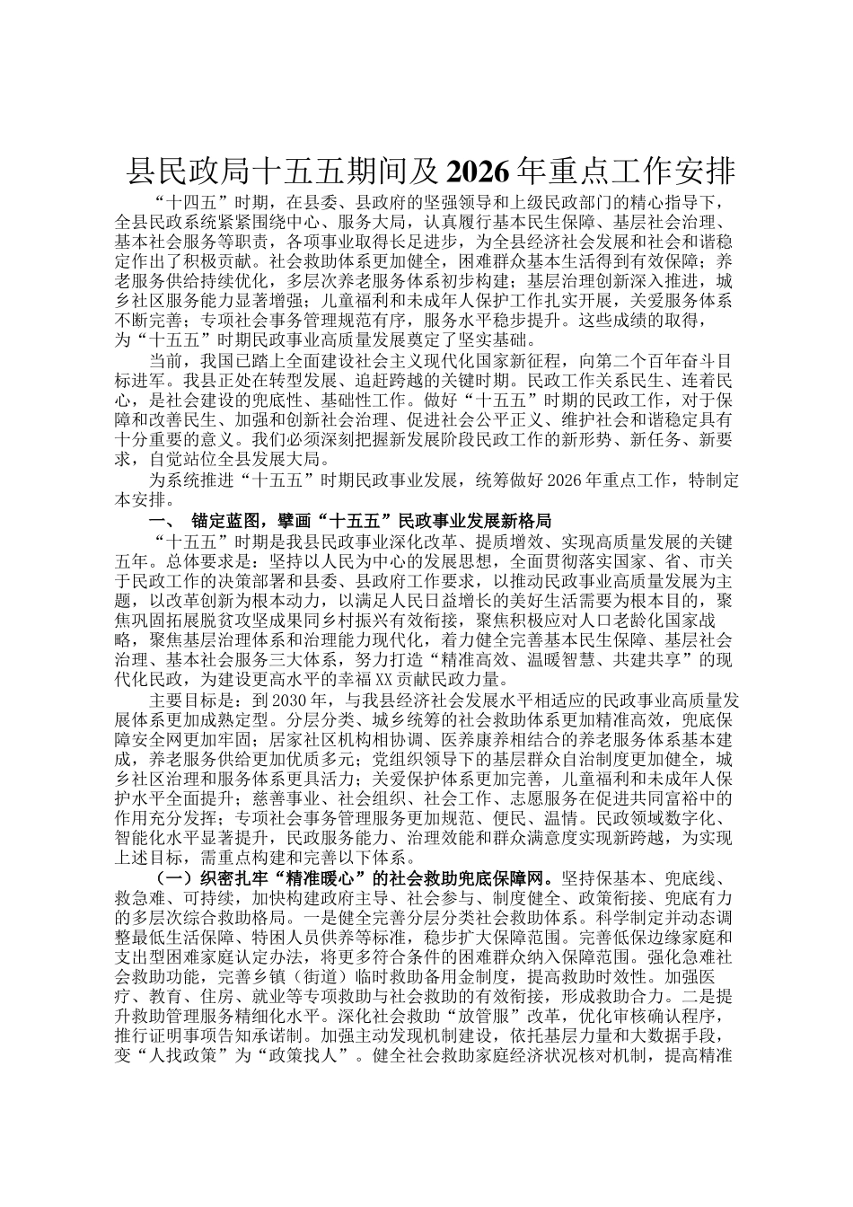 县民政局十五五期间及2026年重点工作安排_第1页