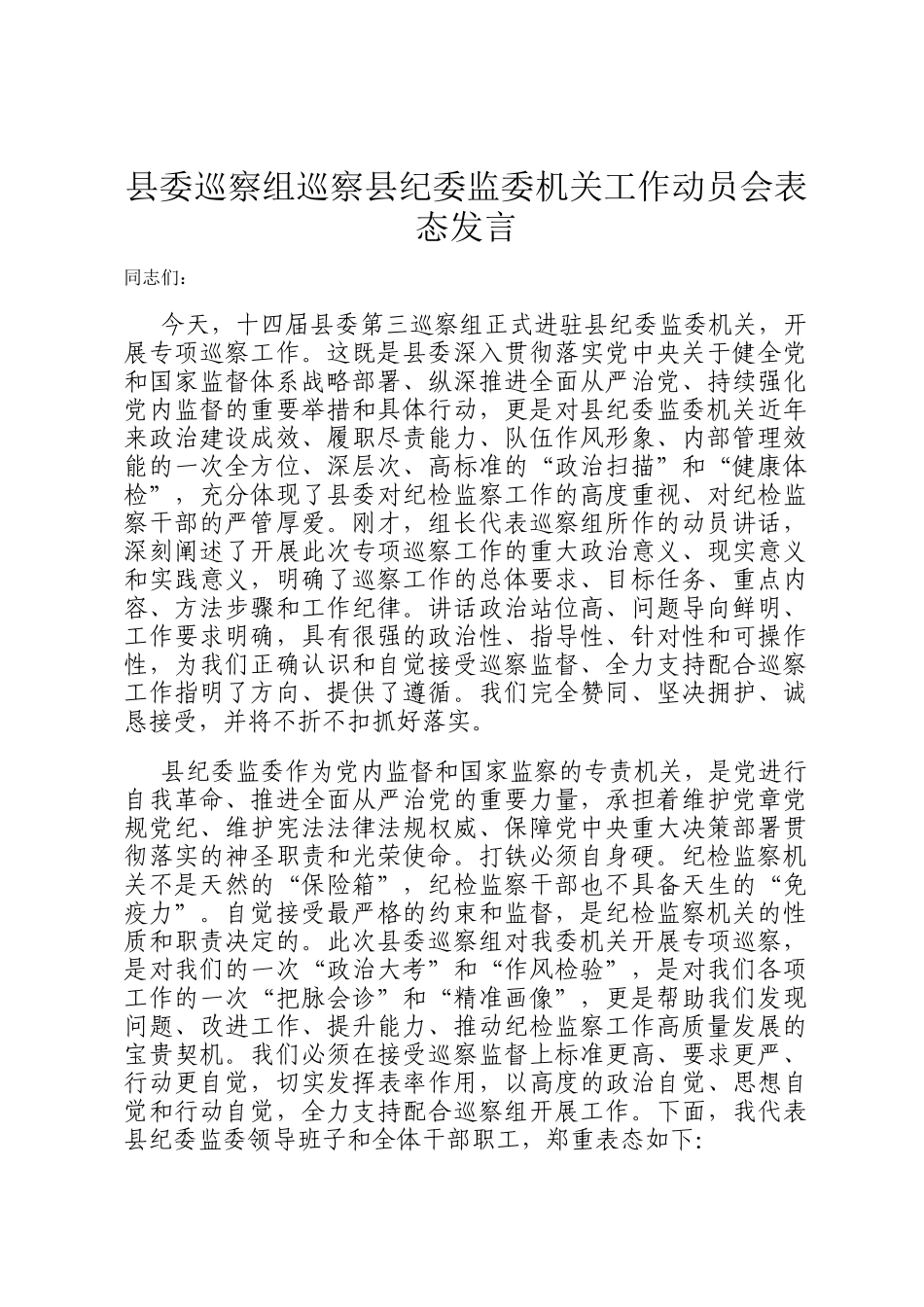 县委巡察组巡察县纪委监委机关工作动员会表态发言_第1页