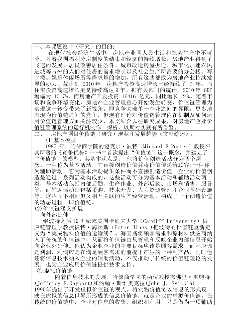 房地产项目价值链管理研究 开题报告_第1页