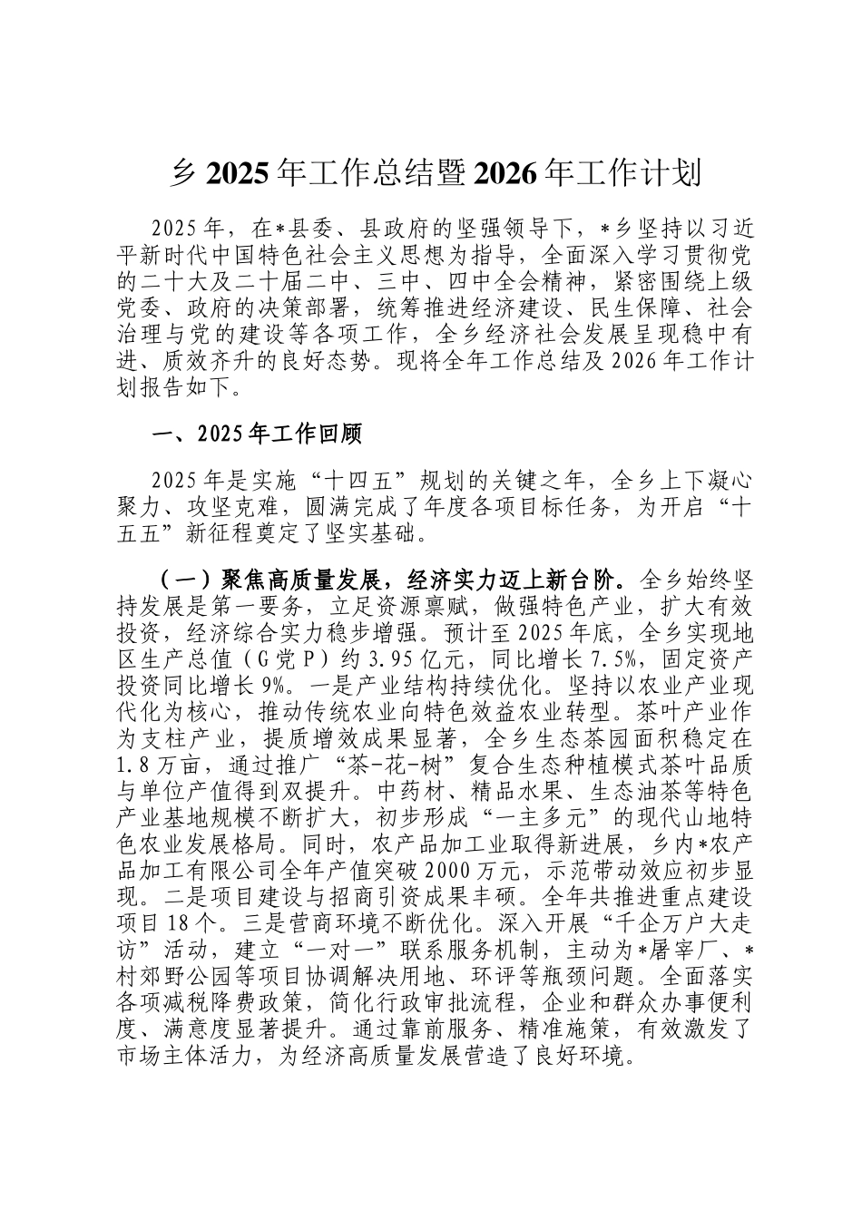 乡2025年工作总结暨2026年工作计划_第1页