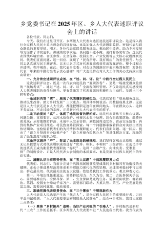 乡党委书记在2025年区、乡人大代表述职评议会上的讲话