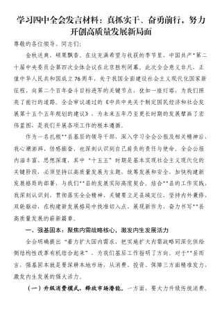 学习四中全会发言材料：真抓实干、奋勇前行，努力开创高质量发展新局面