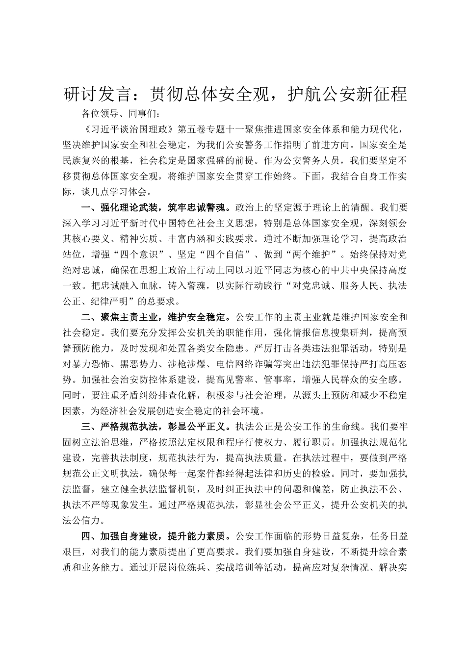 研讨发言：贯彻总体安全观，护航公安新征程_第1页