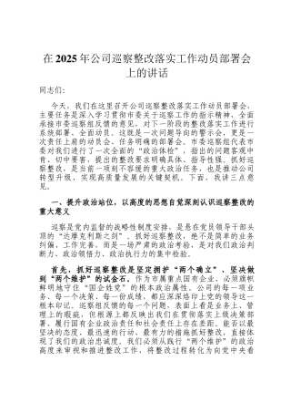 在2025年公司巡察整改落实工作动员部署会上的讲话