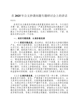 在2025年公文抄袭问题专题研讨会上的讲话