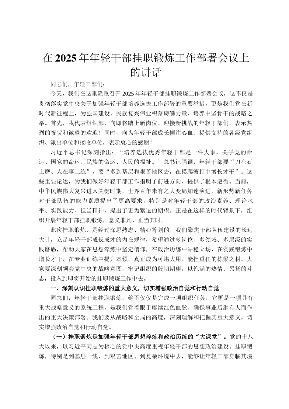 在2025年年轻干部挂职锻炼工作部署会议上的讲话_第1页