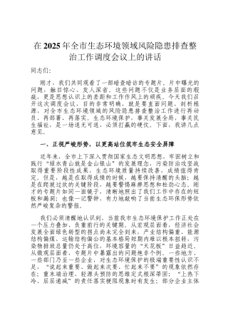 在2025年全市生态环境领域风险隐患排查整治工作调度会议上的讲话