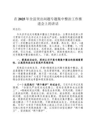 在2025年全县突出问题专题集中整治工作推进会上的讲话