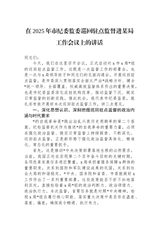 在2025年市纪委监委巡回驻点监督进某局工作会议上的讲话