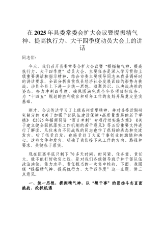 在2025年县委常委会扩大会议暨提振精气神、提高执行力、大干四季度动员大会上的讲话