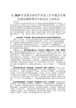 在2025年县委全面从严治党工作专题会议暨县委反腐败领导小组会议上的讲话