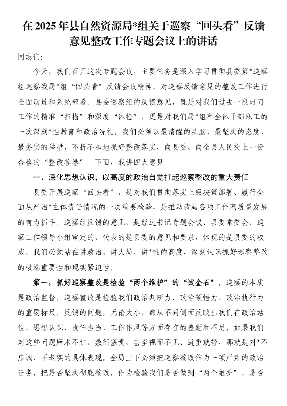 在2025年县自然资源局党组关于巡察“回头看”反馈意见整改工作专题会议上的讲话_第1页