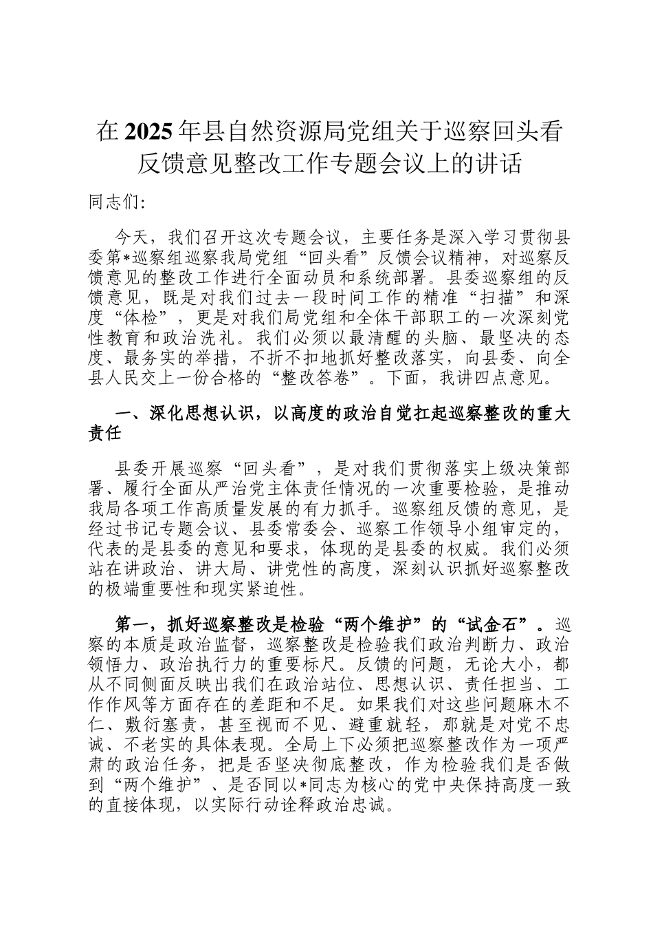 在2025年县自然资源局党组关于巡察回头看反馈意见整改工作专题会议上的讲话_第1页