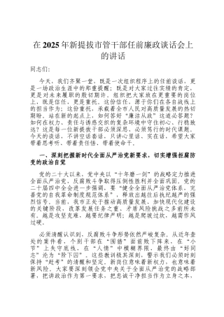 在2025年新提拔市管干部任前廉政谈话会上的讲话
