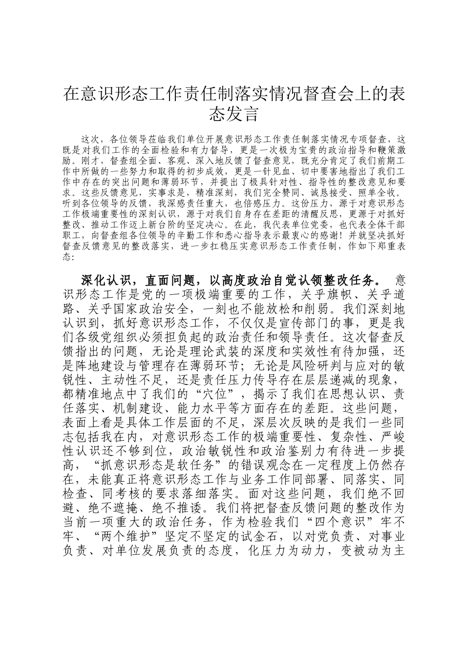 在意识形态工作责任制落实情况督查会上的表态发言_第1页