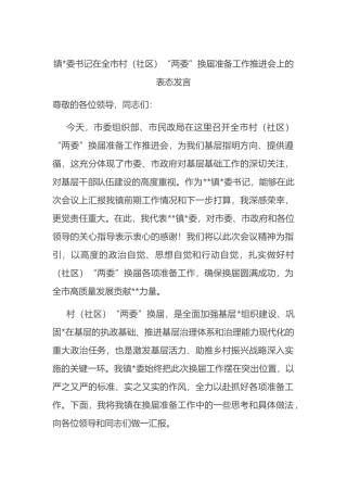镇党委书记在全市村（社区）“两委”换届准备工作推进会上的表态发言