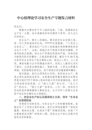 中心组理论学习安全生产专题发言材料