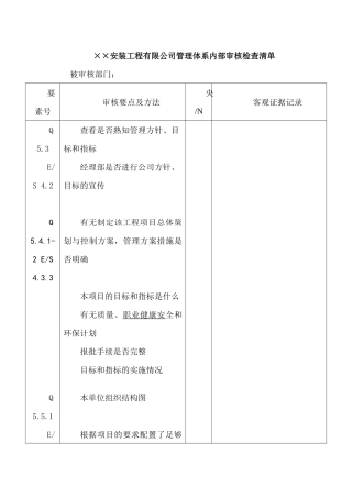 ××安装工程有限公司管理体系内部审核检查清单