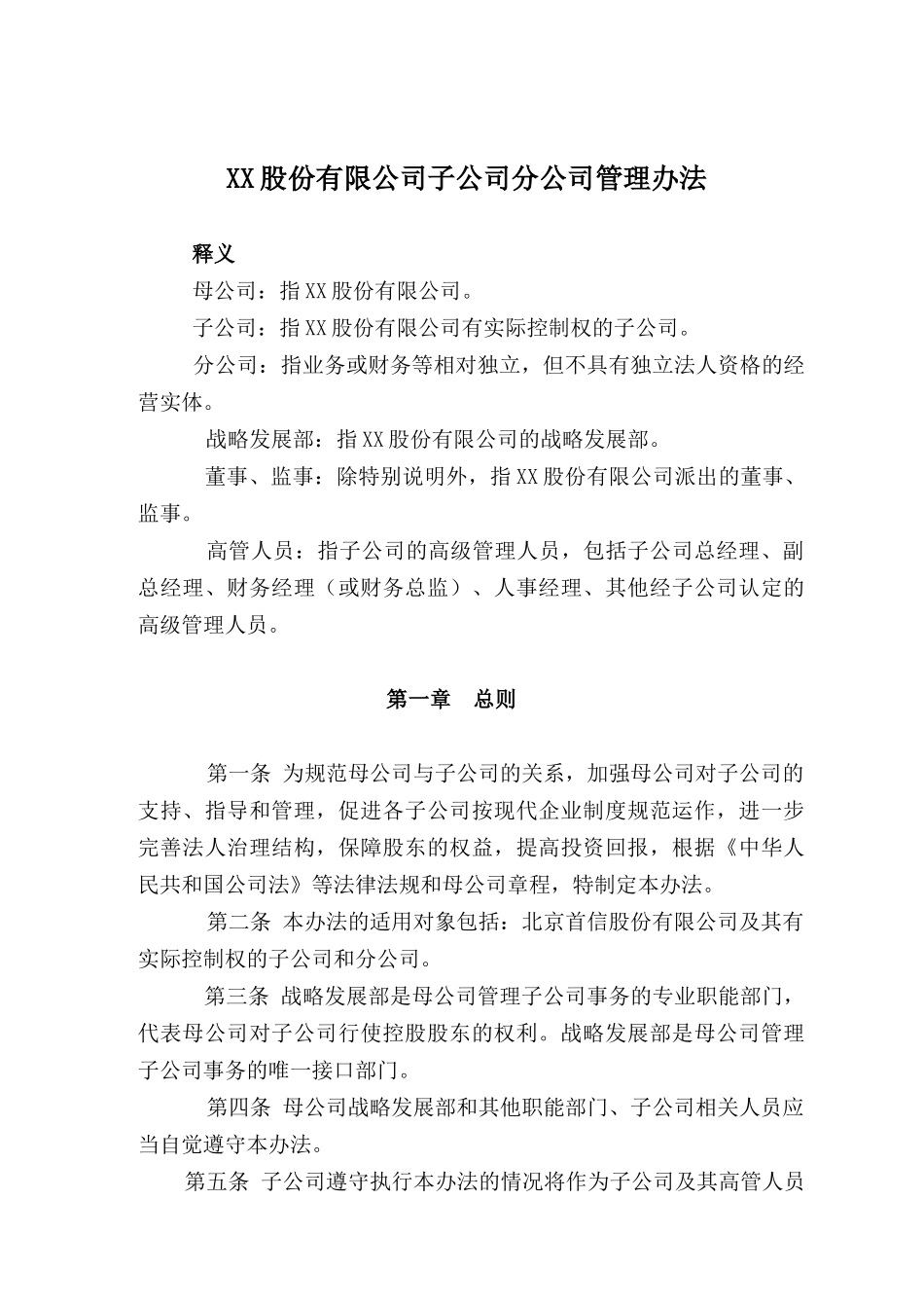 XX股份有限公司子公司分公司管理办法_第1页