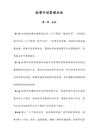 成都远鸿集团公司控制度与核心流程汇编经营管理经营计划管理办法