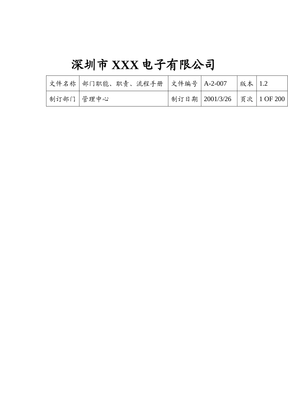 深圳市XXX电子有限公司部门职能职责流程全套手册_第1页