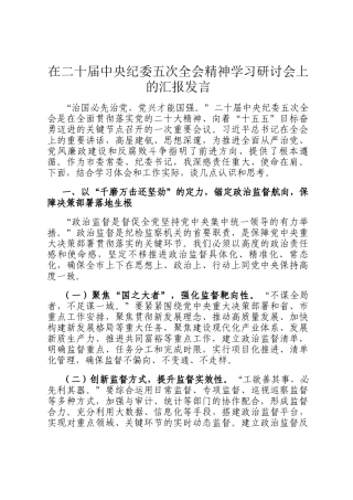 在二十届中央纪委五次全会精神学习研讨会上的汇报发言