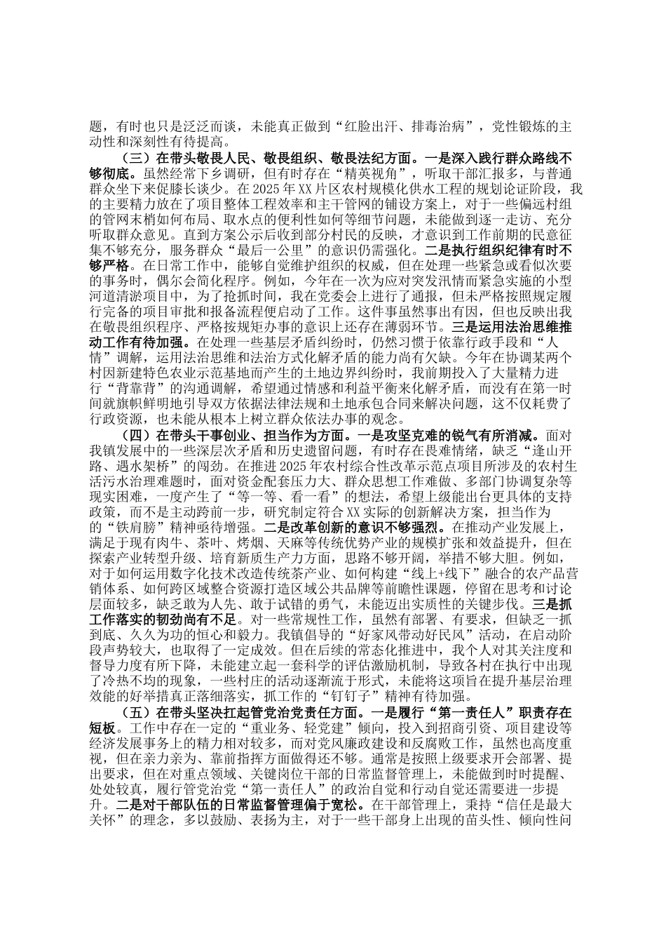 镇党委书记2025年度民主 生活会对照检查材料（五个带头）_第2页