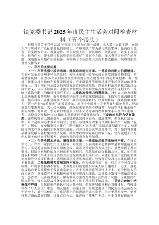 镇党委书记2025年度民主 生活会对照检查材料（五个带头）