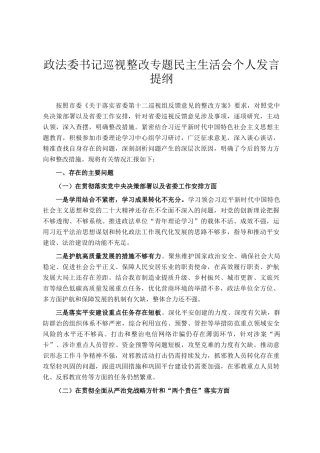 政法委书 记巡视整改专题民主 生活会个人发言提纲