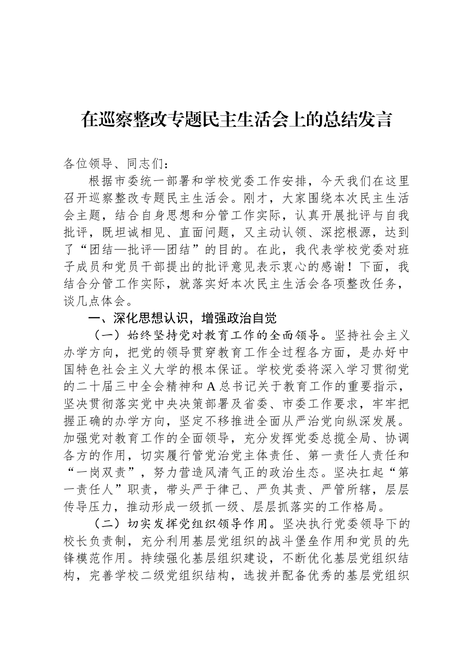 在巡察整改专题民 主生活会上的总结发言_第1页