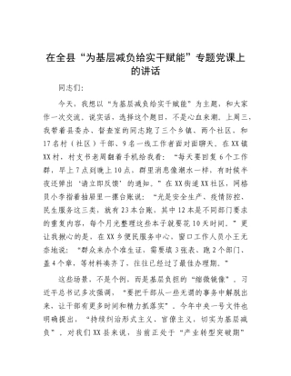 在全县“为基层减负 给实干赋能”专题党 课上的讲话
