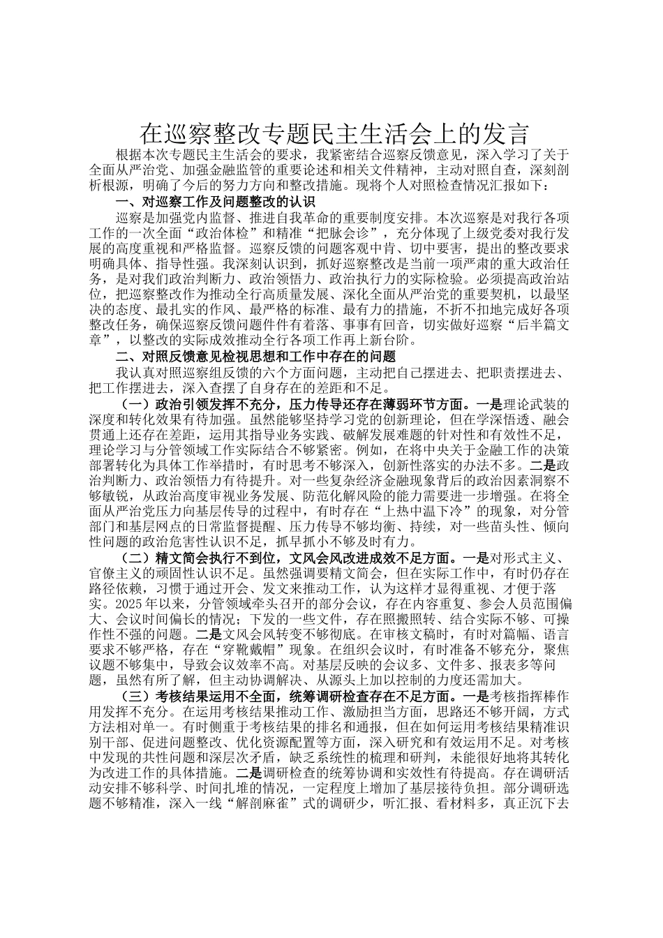 在巡察整改专题民主 生活会上的发言_第1页