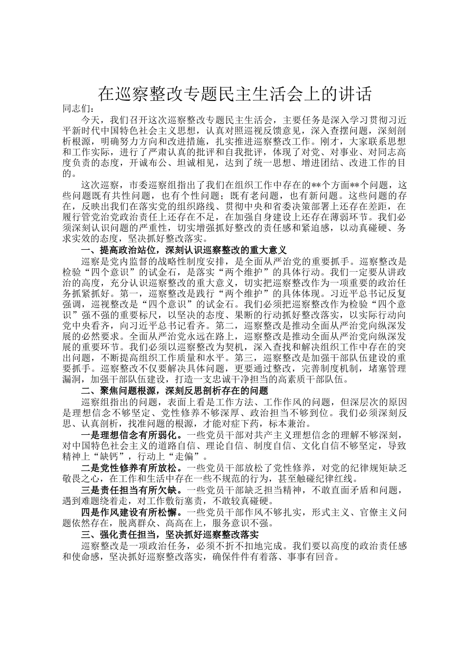 在巡察整改专题民 主生活会上的讲话_第1页