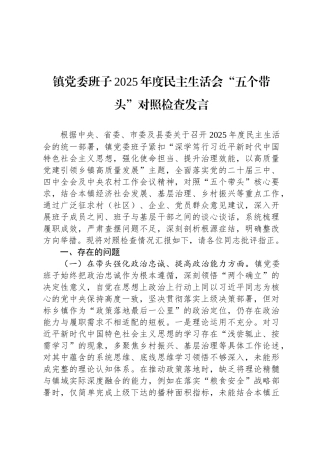 镇党委班子2025年度民主 生活会“五个带头”对照检查发言