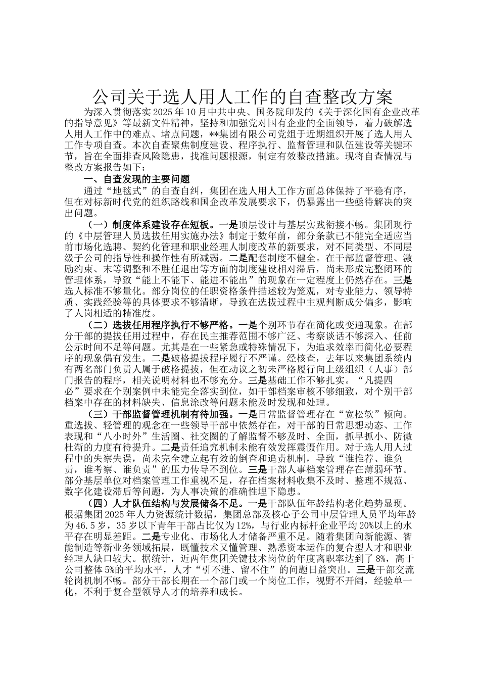 公司关于选人用人工作的自查整改方案_第1页