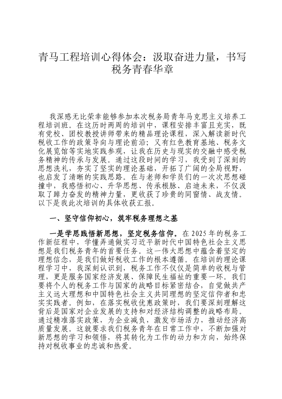 青马工程培训心得体会：汲取奋进力量，书写税务青春华章_第1页