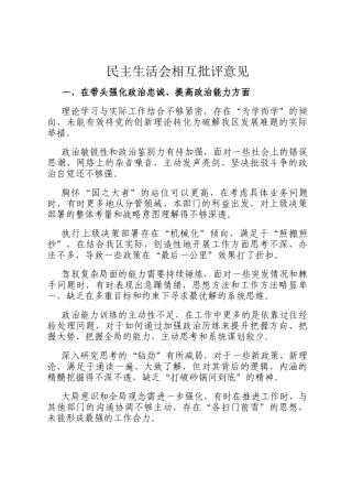 民主 生活会相互批评意见