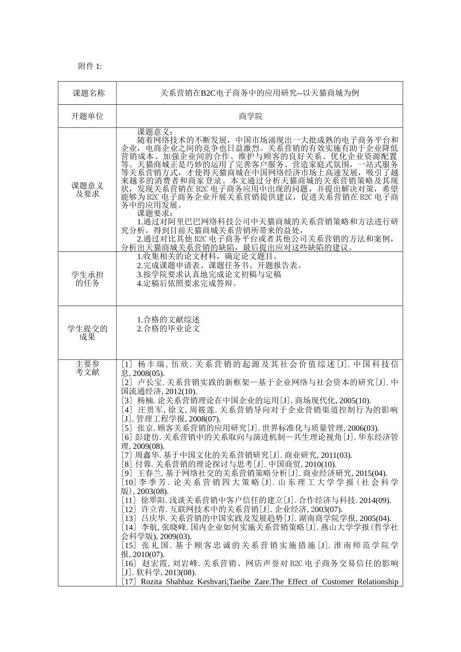 关系营销在B2C电子商务中应用研究分析——以天猫商城为例(任务书、开题报告三表)_第1页