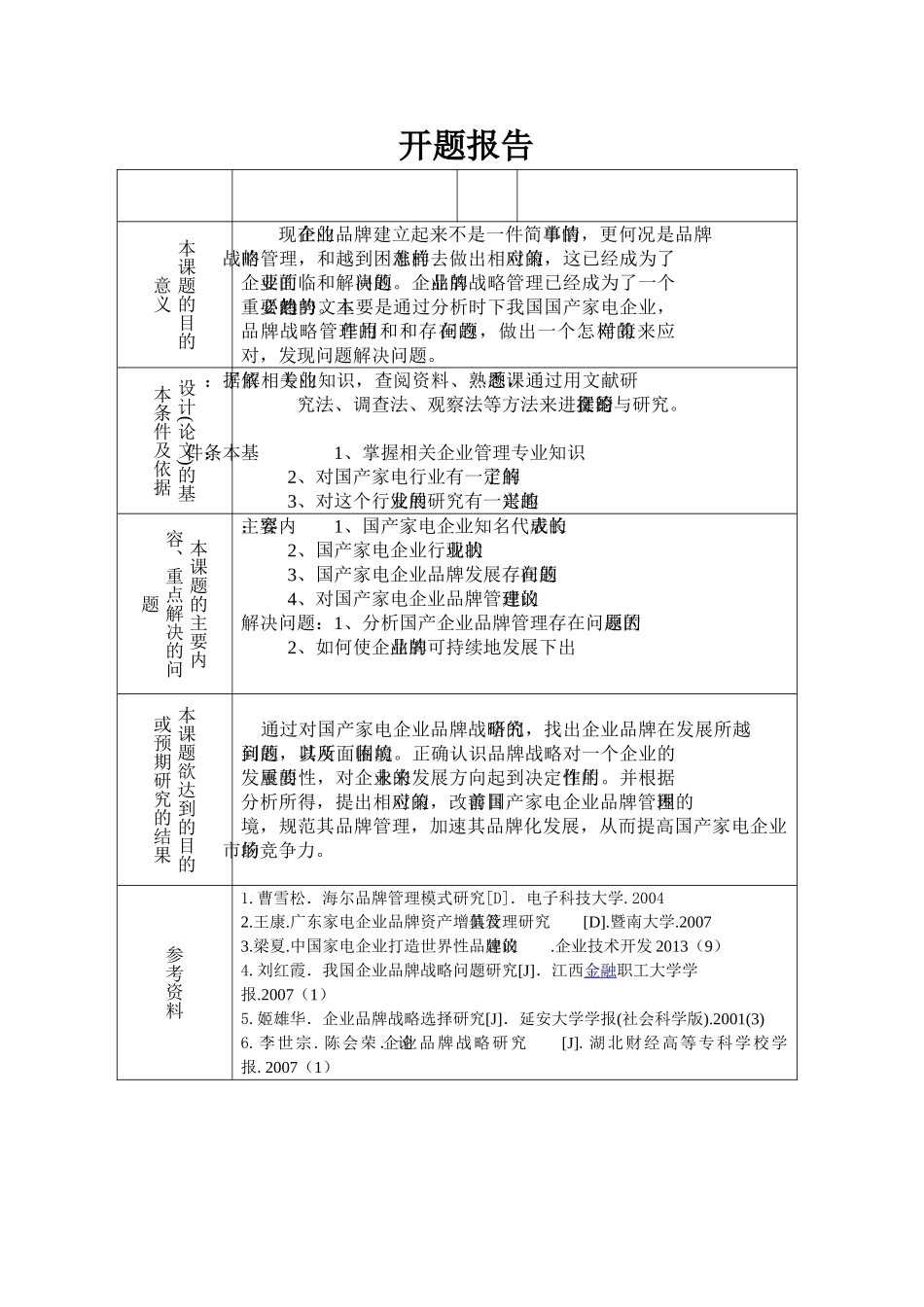 国产家电企业品牌管理分析与对策研究分析  开题报告_第1页