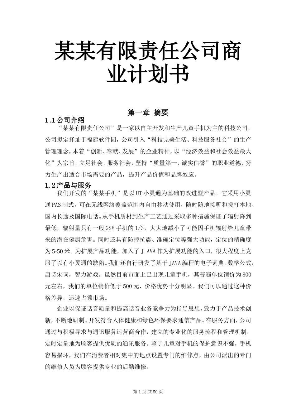 某某有限责任公司商业计划书_第1页