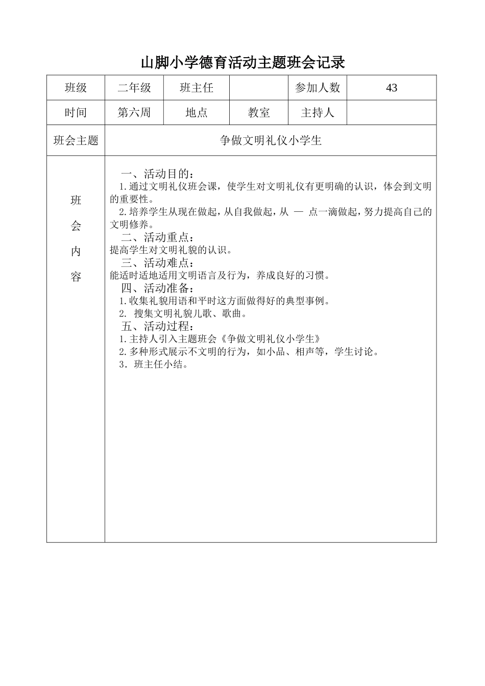 山脚小学德育活动主题班会记录二年级_第3页