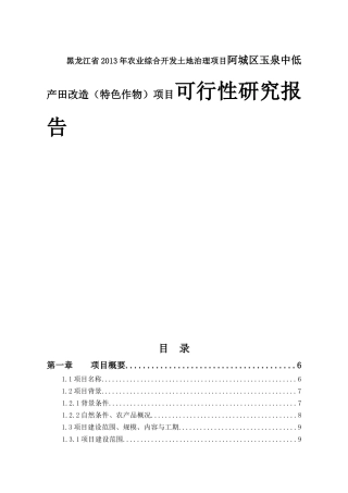 黑龙江省2013年农业综合开发土地治理项目阿城区玉泉中低产田改造（特色作物）项目可行性研究报告