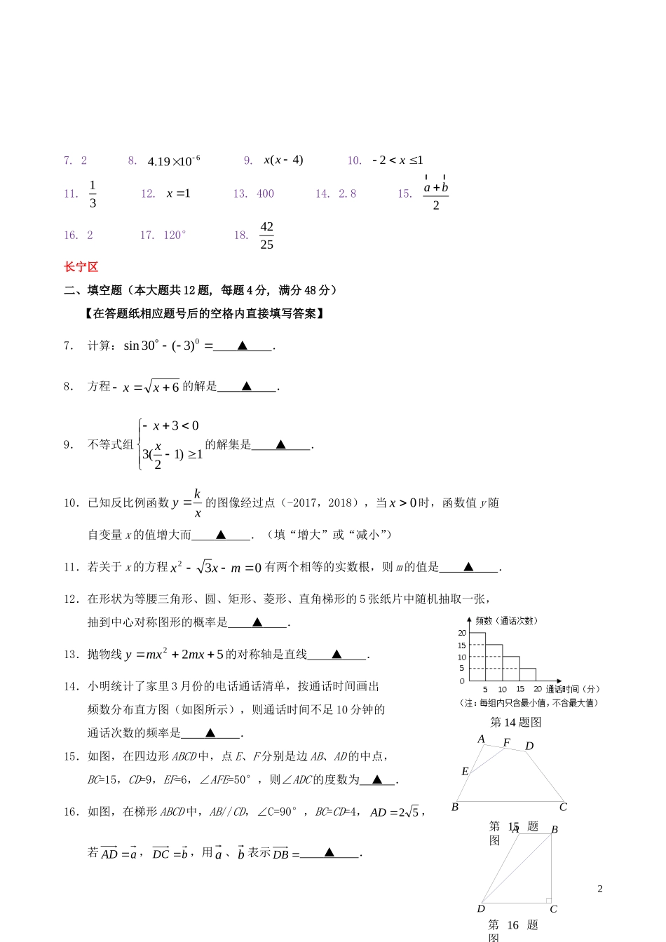上海市各区 九年级中考二模数学试卷精选汇编 填空题专题_第2页
