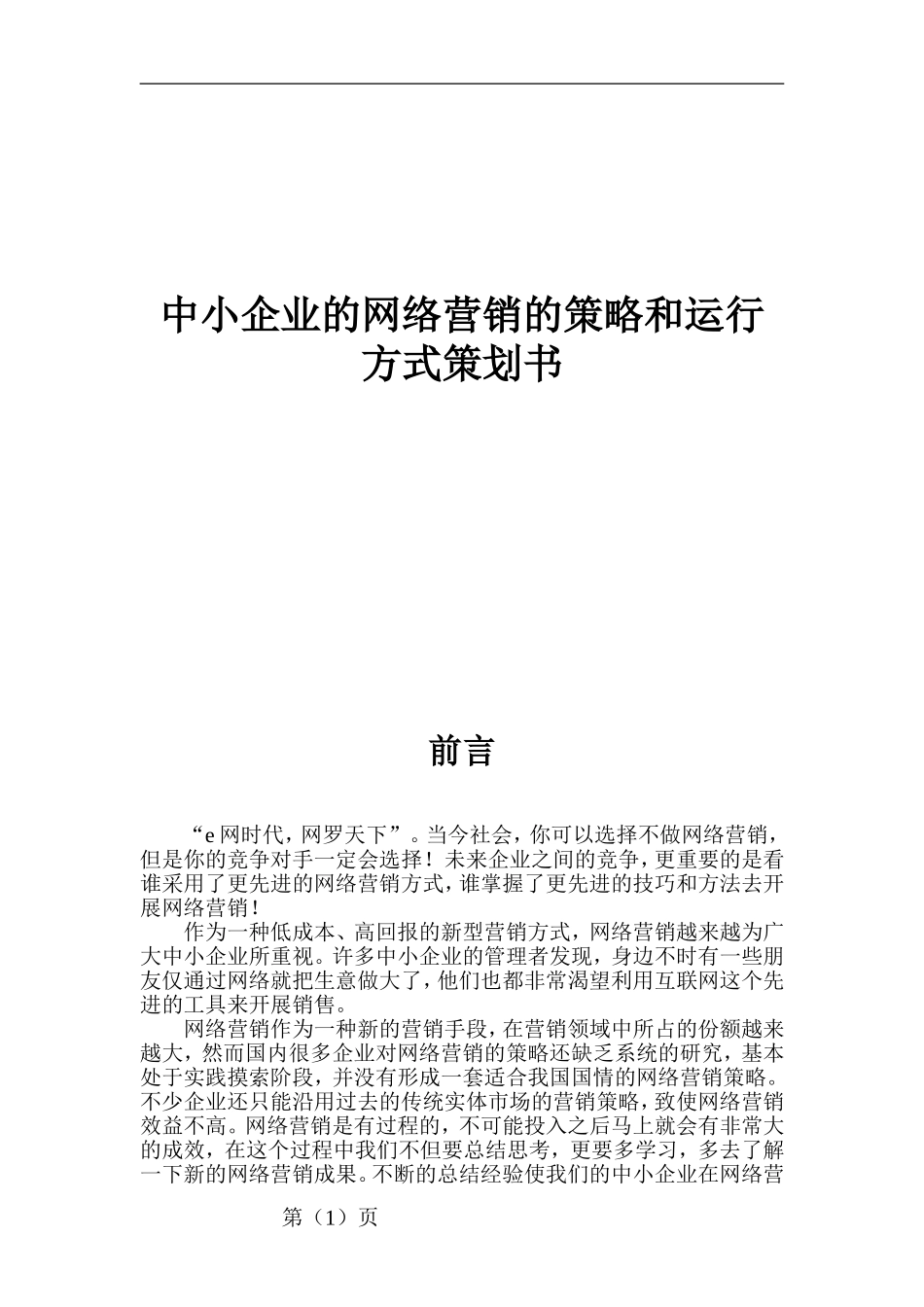 中小企业的网络营销的策略和运行方式策划书_第1页