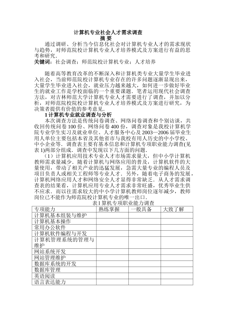计算机专业社会人才需求调查分析研究 计算机科学与技术专业_第1页