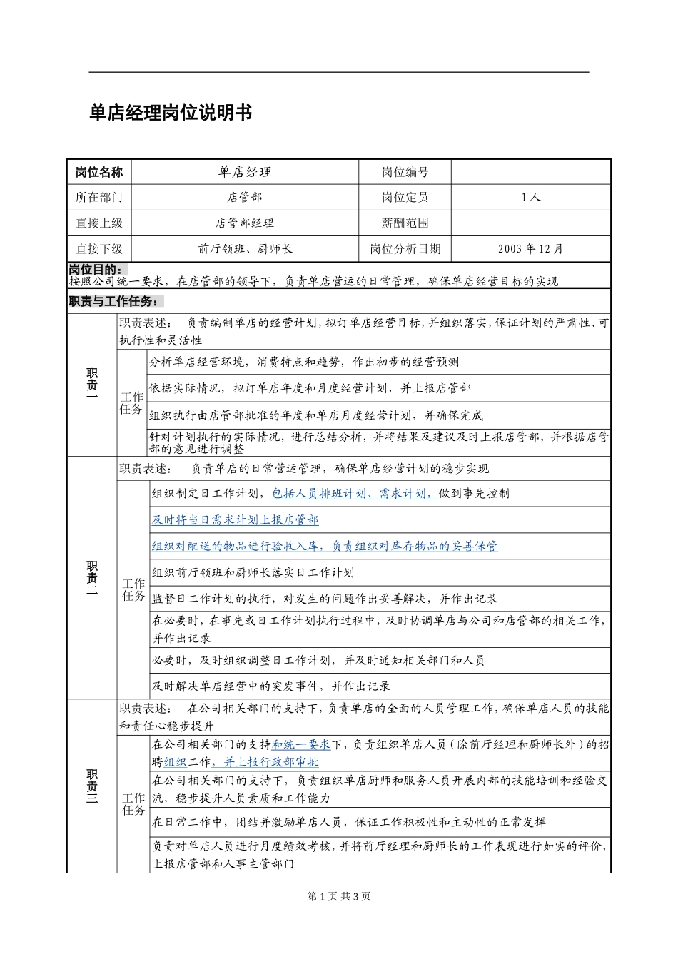 单店经理岗位说明书_第1页