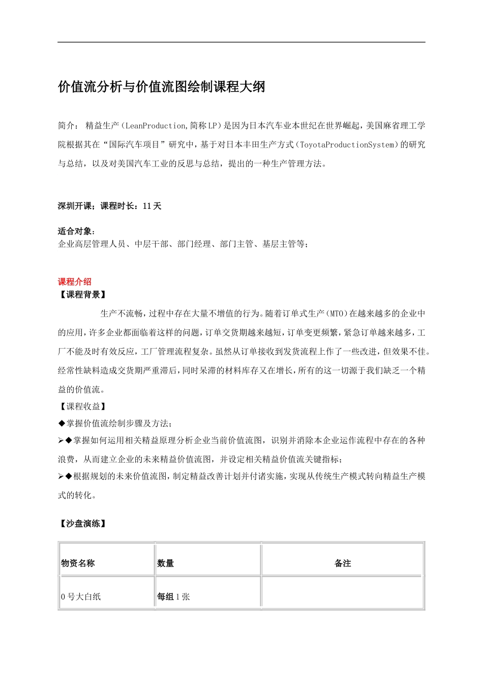 价值流分析与价值流图绘制课程大纲_第1页